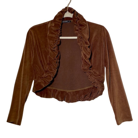 Pena House Sweaters - Pena House Long Sleeve Brown Velvet Ruffled Shrug Cropped Open Cardigan, Size M
